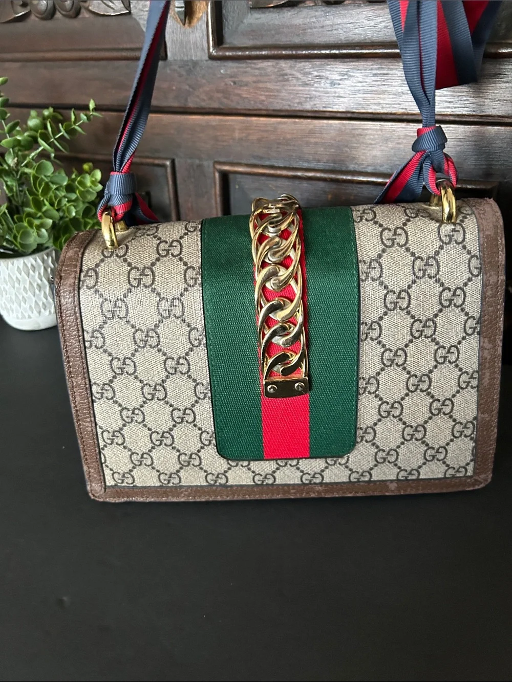 Beautiful Beige Crossbody with Green and Red-Blue Web Strap